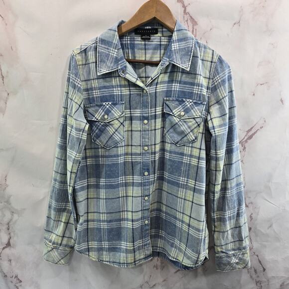 Anthropologie Shirt Womens Small Blue Yellow Pearl Snap Button Plaid Sanctuary - Picture 1 of 12